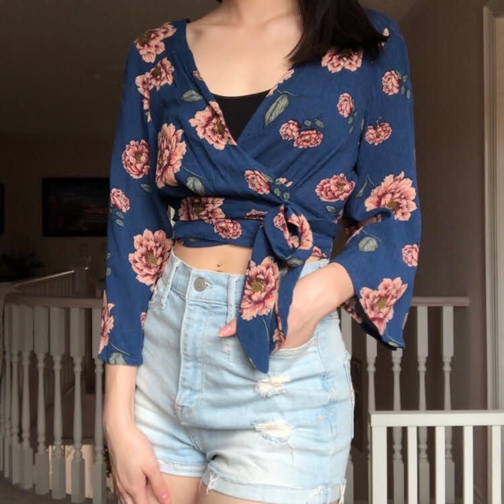 Blue Floral Wrap Crop Top